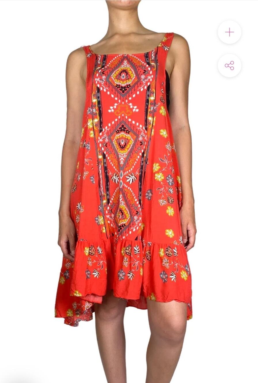 Free People Intimately Swing Dress Red Boho Print Open Back Sleeveless Size S